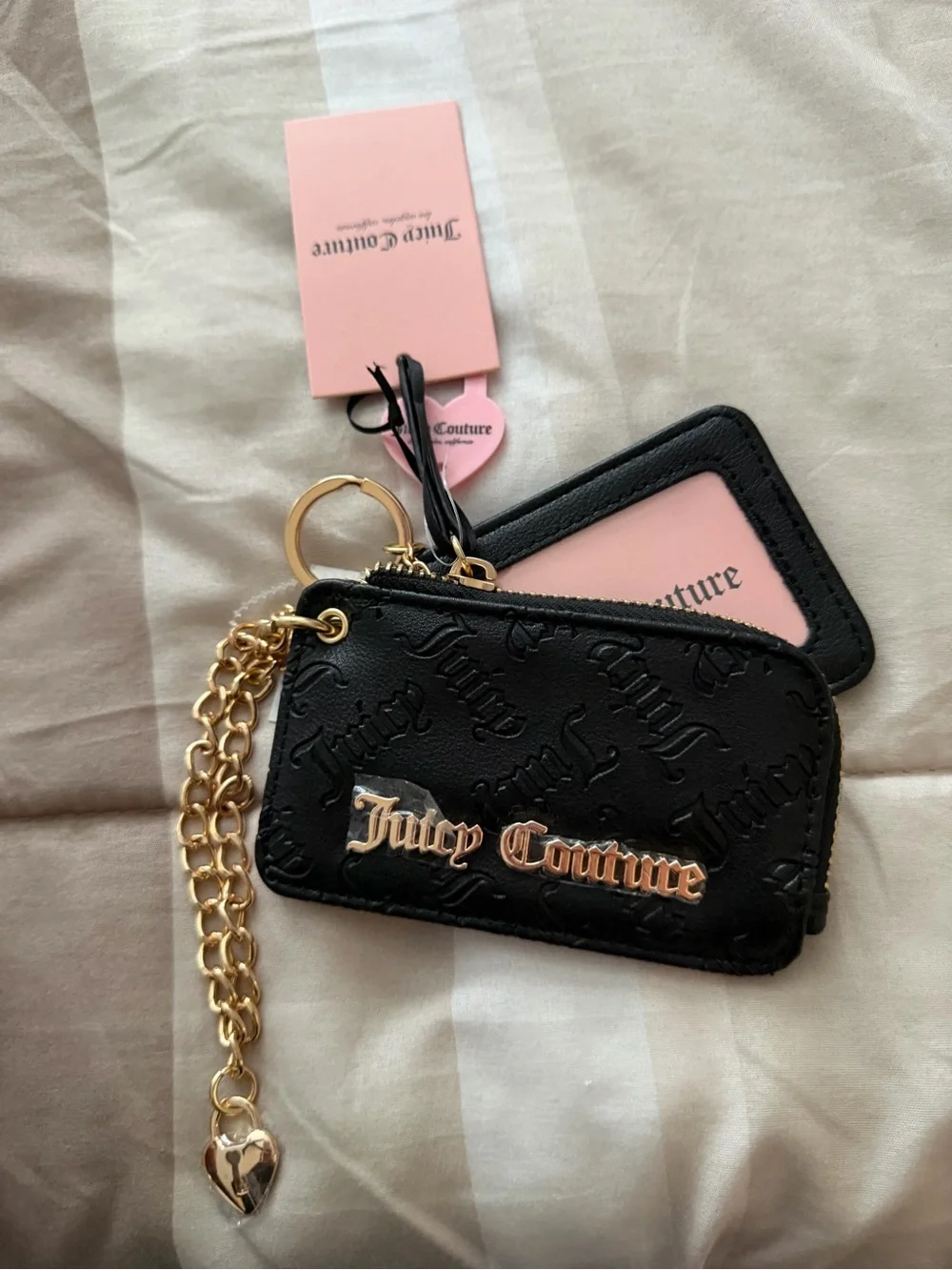 Juicy Couture Black Embossed Zip Card Case with Gold Chain Charm